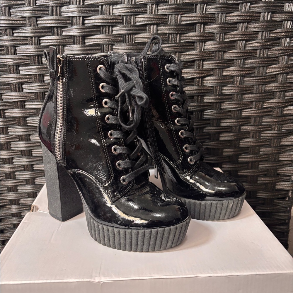 Aldo Black Patent Lace-Up Platform Ankle Boots